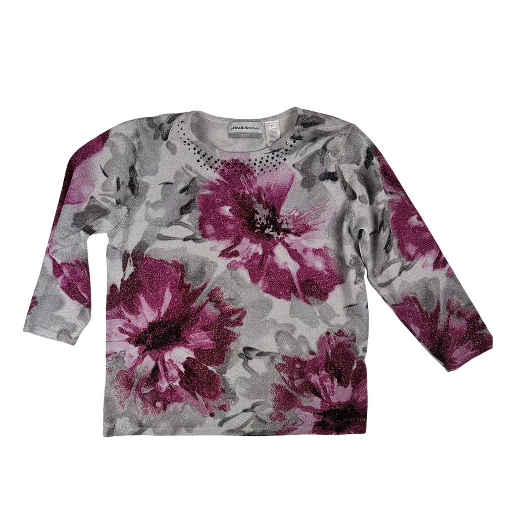 Alfred Dunner Womens Petite Small Magenta Floral Metallic Embellished Sweater PS